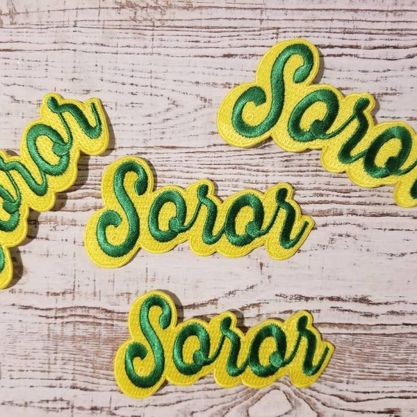 Patch script Soror - Thermocollant (2" X 4") vert et jaune, Soror, soeur, amour, infirmière