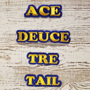 Ace, Deuce, Tre or Tail patch (iron-on) Gold and Royal Blue