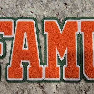 May include: A green and orange felt patch with the word "FAMU" in large orange letters with white outlines. The year "1887" is written vertically in white on the right side of the patch.