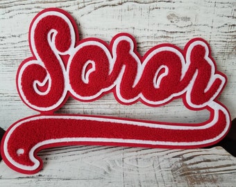 Soror Chenille Patch with Tail - Red & White ( iron-on)