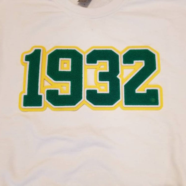 Sweat-shirt 1932 avec emblème en chenille ; Chi Eta Phi, infirmière, hôpital, héros, RN, vert et jaune