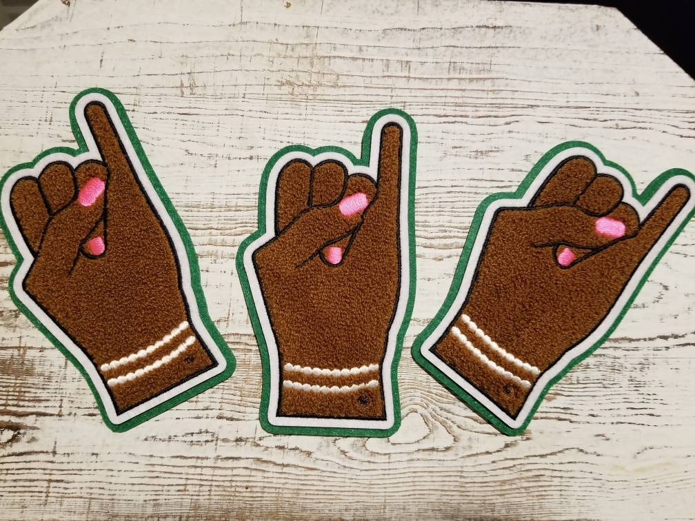 Throw Your Pinkies Up with 20 Pearls Bracelet - Chenille patch (iron-on); 6 inch, 1908, Pink and Green, Skee-Wee, Sorority