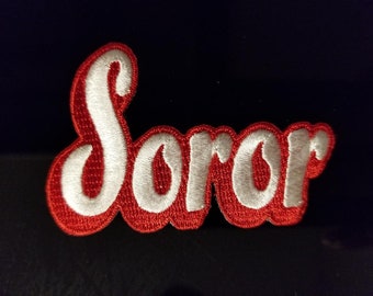 Soror 2"X 3" iron-on embroidered patch: (red/white)