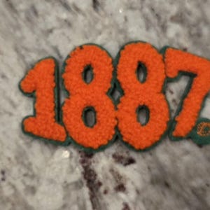 May include: Orange felt numbers 1887 with a green outline. The numbers are in a retro style font.
