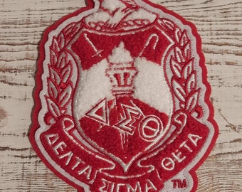 Delta Sigma Theta Chenille Crest- (2 sizes); DST crest; Red and White; Shield; OO-OOP; Newly revised (per National Protocol)