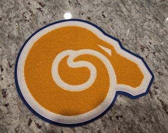 Parche de chenilla con forma de cabeza de carnero, azul y dorado, 26 cm