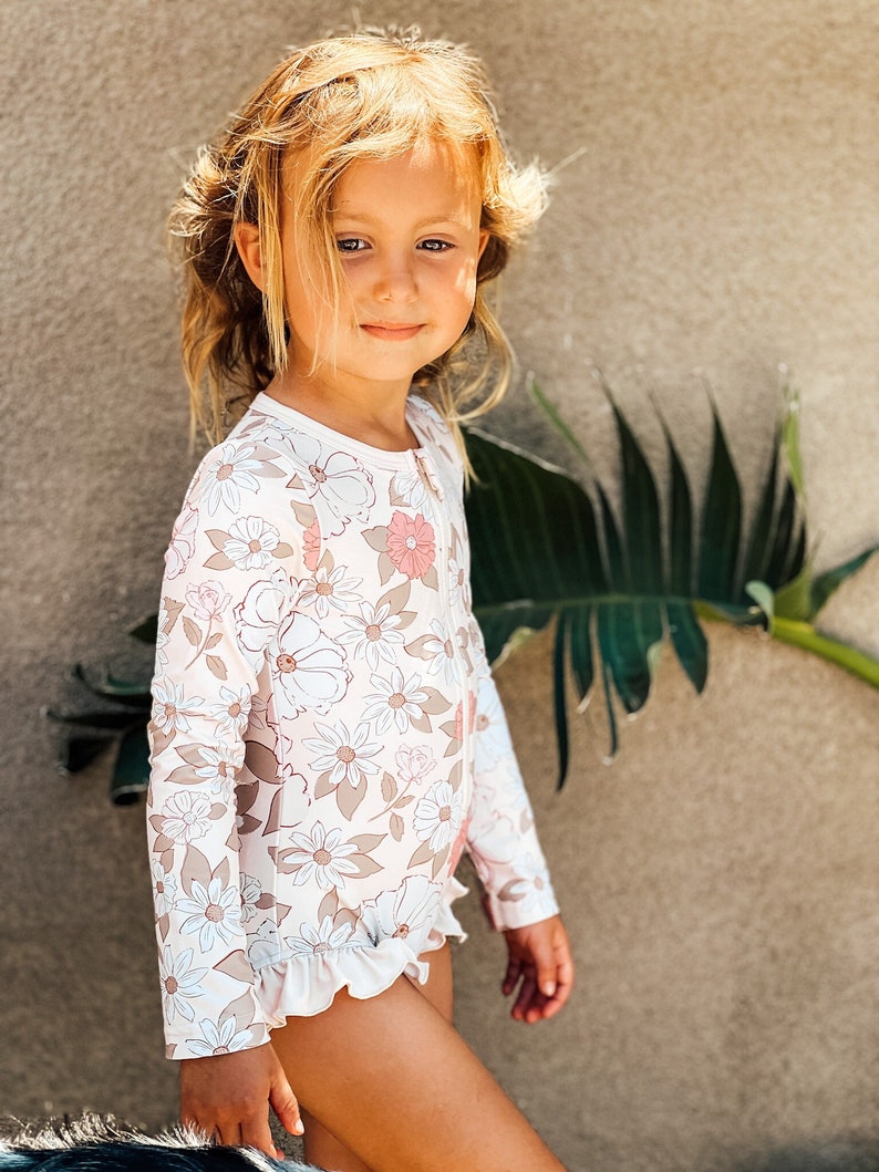Tan Floral One Piece Rash Gaurd Girls Swimsuit Long Sleeve - Etsy