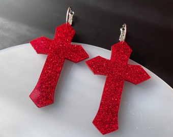 Sinner Large Cross Earrings Red Glitter Gothic *SAMPLE*