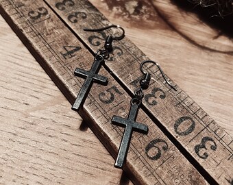 Sacred Cross Charm Earrings Gunmetal Gothic Silver Cowgirl Western