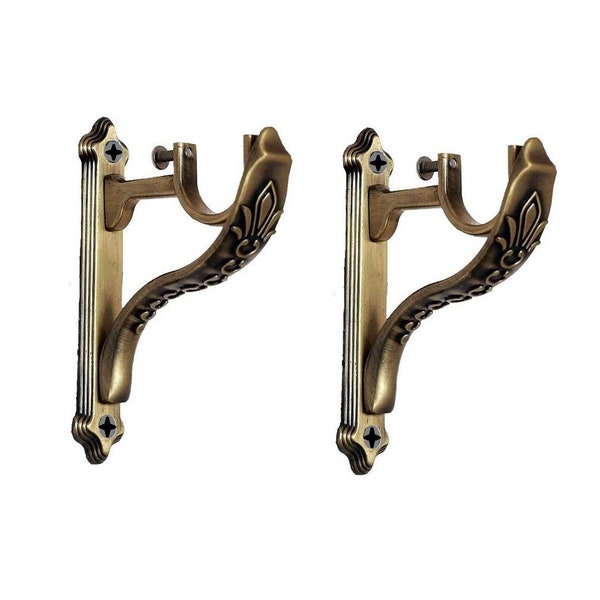 Traditional Solid Antique Brass End Brackets hooks For Curtain Poles Heavy duty Antique Gold Curtain Pole Rod Holder Bracket with fixing.
