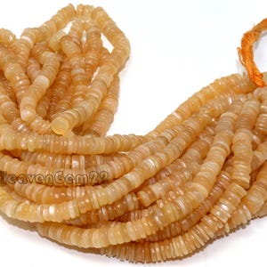 May include: A strand of light orange, round, flat, and slightly iridescent beads. The beads are strung on a thin orange cord.