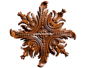 Exquisite Beeds Leaf Floral Carved Wood Rosette Onlay, Unfinished, Single, Available From 4-1/2" to 16" Dia