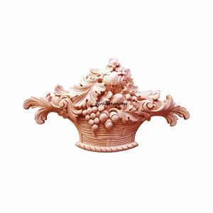Vintage Style Fruit Woven Basket Carved Wood Applique, Furniture Onlay, Single, 9-1/2&quot;Wx5&quot;H, Unfinished