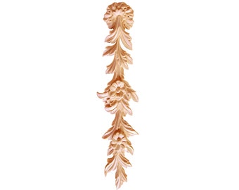 PAR de delicados apliques de madera tallada con hojas florales para pilastra, repisa y gabinete, 3" de ancho x 13-7/8" de alto, sin terminar