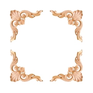 May include: Four ornate wooden corner pieces with intricate carvings, perfect for adding a decorative touch to furniture or crafts.