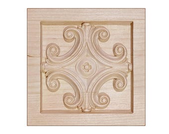 PAIR of Scroll Carved Wooden Square Blocks, Architrave Blocks, Available From 3" Dia to 5-1/8" Square