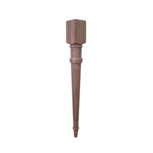 May include: A wooden table leg with a square top and a turned spindle design. The leg is made of light brown wood with a natural finish.