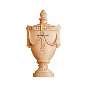 PAIR of Classic Urn with Ribbon Carved Wood Onlays, Furniture Appliques, 3-1/8&quot;Wx6-1/2&quot;H, Unfinished
