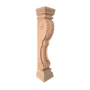 May include: A wooden corbel with intricate carvings of leaves and scrolls. The corbel is a light brown color and has a square base.