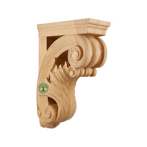 PAIR of Elegant Scrolled Feather Leaf Carved Corbels, Available in 10&quot; and 12&quot; High