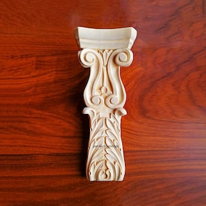 PAIR of Ionic Capital & Leaf Carved Wood Furniture Appliques, Pilaster Onlays, 4-3/8&quot;Wx10-1/2&quot;H