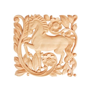 Vintage Floral and Horse Artistic Carved Wall Plaque, Available in 3 Sizes, Single, Unfinished