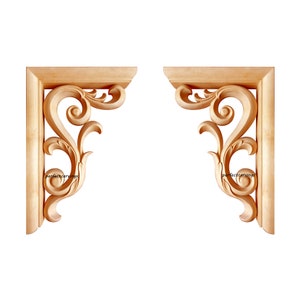 PAIR of Elegant Tongue Leaf Scroll Carved Wood Bracket Corbels,  Available in 10&quot; & 13-5/8&quot; High