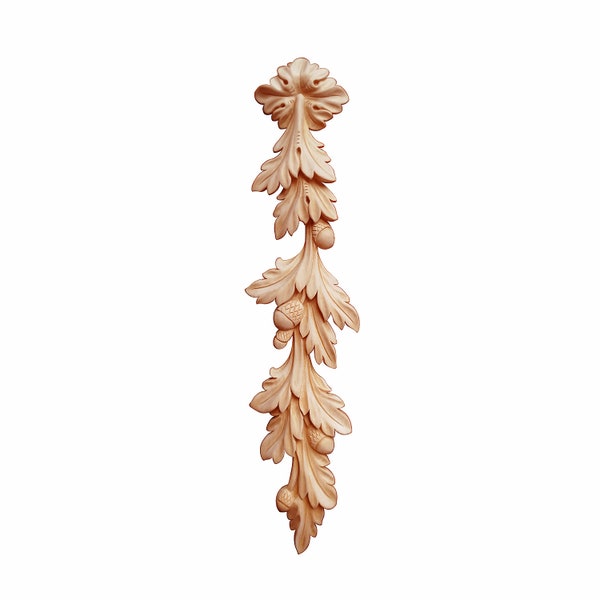 PAIR of Delicate Acorn Carved Wood Drop Appliques, 3"Wx13-7/8"H, Unfinished