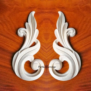 Pair of  Solid Wood Carved Scroll Leaf 7-1/8&quot;H Onlay