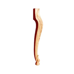 May include: A wooden furniture leg with a carved design. The leg is light brown and has a curved shape. It is a decorative element for furniture.