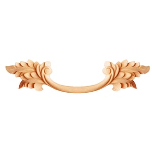 May include: A wooden decorative trim with a carved leaf design. The trim has a curved shape and is ideal for adding a touch of elegance to furniture or home decor.