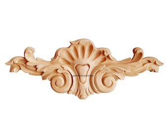 Shell Dimond Scroll Carved Wood Applique, Furniture Onlay, 15-1/8"Wx5-5/8"H