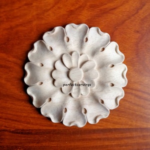 PAIR of Elegant Flower Carved Wood Rosettes, Furniture Appliques, Door Onlays, Available in 3 Sizes