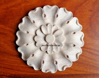 PAIR of Elegant Flower Carved Wood Rosettes, Furniture Appliques, Door Onlays, Available in 3 Sizes