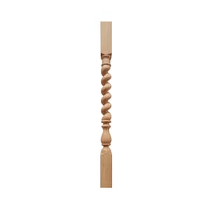 May include: A wooden, spiral-shaped baluster with a square base and a rounded top. The baluster is made of light-colored wood and has a smooth finish.