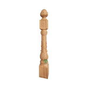 May include: A light brown wooden stair newel post featuring intricate carved floral and leaf patterns. The post has a square base, a cylindrical fluted shaft with detailed carvings, a square middle section with floral motifs, and a rounded finial top.