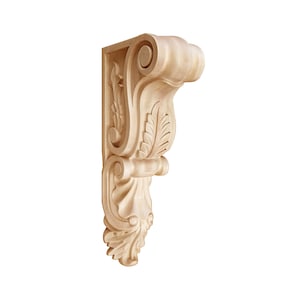 PAIR of Tongue Shape Leaf Carved Wood Corbels, Available in 12-1/2&quot;, 16&quot; and 20&quot; High