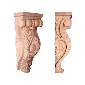 COPPIA di eleganti mensole in legno intagliato a forma di fiore del sole, 6&quot; Lx3-1/2&quot; Px9-1/2&quot; A