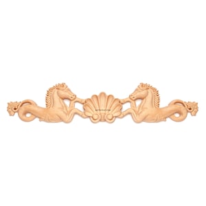 Shell Horse Carved Wood Applique, Furniture Onlay, Single, Available in 12&quot;, 16&quot; & 23&quot; Wide, Unfinished