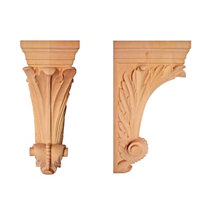PAIR of Wood Carved Feather Leaf Carved Wood Corbels,  Available in 9&quot;, 11-3/4&quot; & 13-3/4&quot;High
