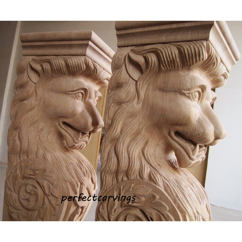Lion Posts Metal PAIR of Majestic Leaf Carved Lion Posts, Available in 36