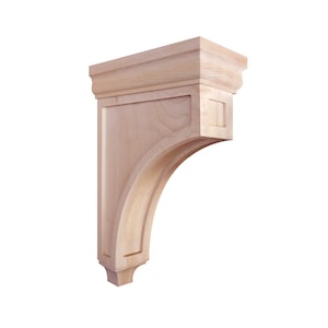 Puede incluir: Un corbel de madera natural con una parte superior curva y un diseño decorativo. El corbel está sin terminar y listo para ser teñido o pintado.