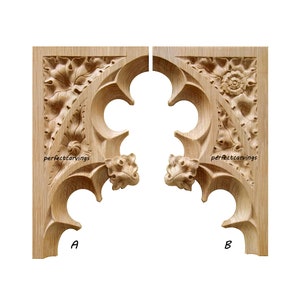 PAIR of Gothic Style Leaf and Rose Carved Arch Panel
