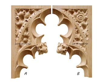Peut inclure: Deux supports d'angle en bois non finis avec des motifs floraux sculptés complexes. Les supports sont étiquetés A et B. Le texte "perfectcarvings" apparaît sur chaque support.