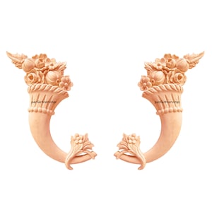 Pair of  Vintage Style Horn Of Joy with Flower & Fruit Carved Wood Applique