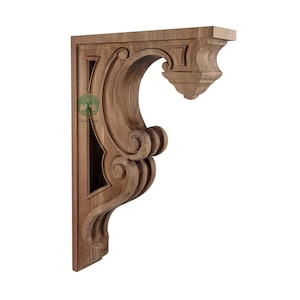 May include: A light brown wooden corbel with an elaborate, scroll-like design. The corbel features carved details, including a curved arch and decorative elements. The design is symmetrical and suitable for supporting shelves or architectural features.
