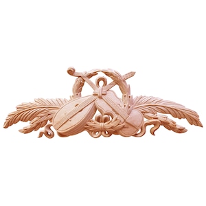 Applique in legno intagliato musicale d'epoca in ulivo, intarsio per mobili, singolo, disponibile in larghezze 14-3/4" e 18-3/4"