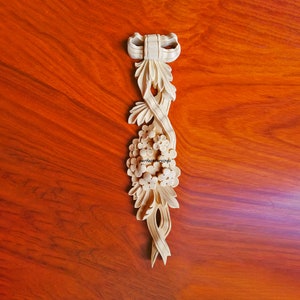 PAIR of Superb Ribbon & Floral Carved Wood Appliques, Furniture Onlays, Pilaster Onlays, 3&quot;Wx12-3/4&quot;H