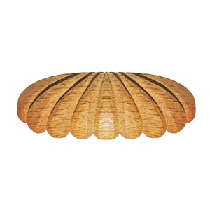 May include: A wooden shell-shaped ornament with a light brown color and a ribbed texture.