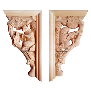 PAIR of Vintage Style Squirrel Trunk Carved 12"H & 16-1/4"H Bracket Corbel, Mirror Pair